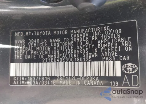 2009 Toyota Corolla Le z USA, uszkodzony, nr VIN 2T1BU40E39C180125